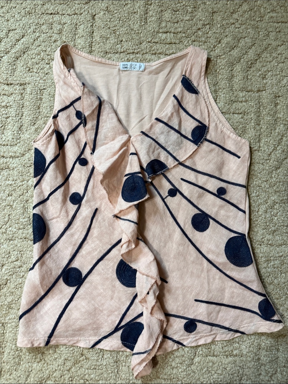 Ruffle Front Sleeveless Tank in Light Peach with Navy Dot Print